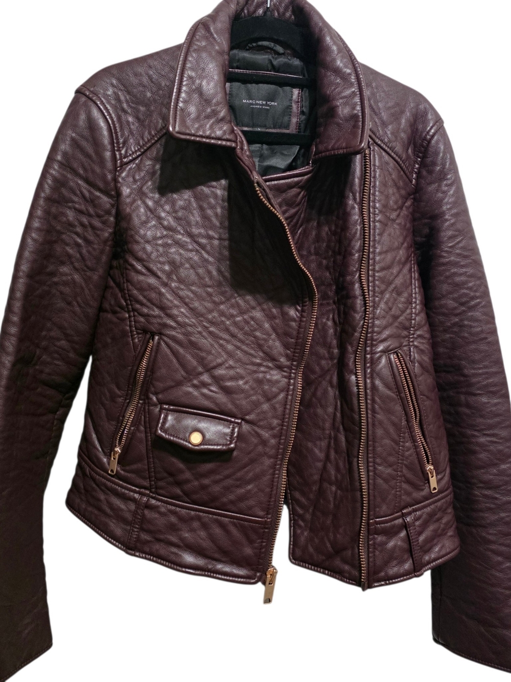 Marc New York Andrew Marc Burgundy Leather Moto Jacket Lg Quilted Biker Zip Coat - Picture 3 of 11